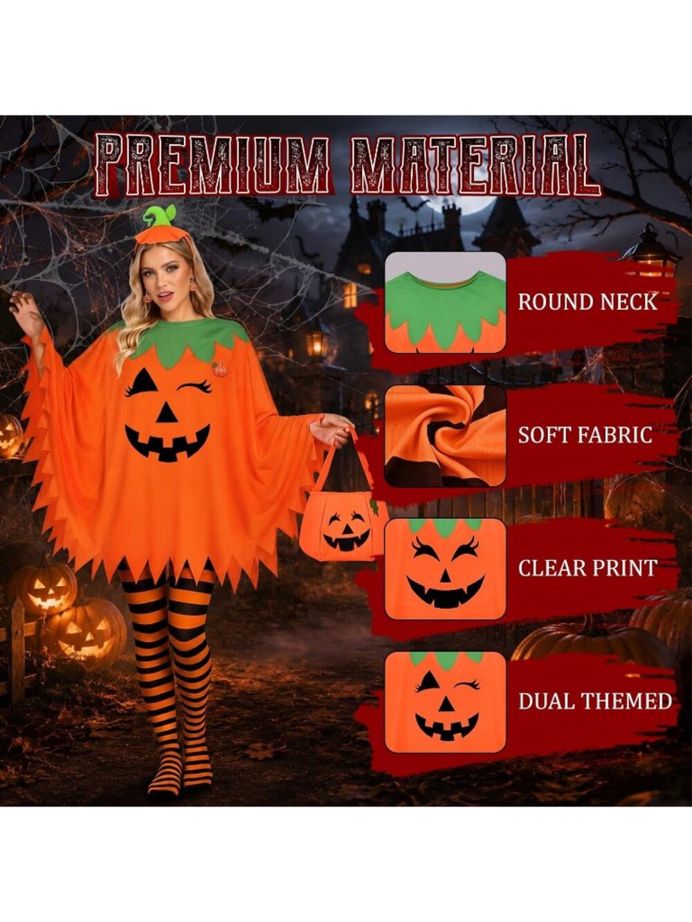 Women's Pumpkin 6 PCS Double Poncho Candy Brooch Cosplay Halloween Costume Set - Picture 5 of 7